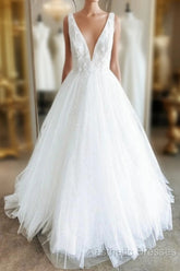 White V Neck Tulle Lace Long Evening Prom Gown Wedding Dresses